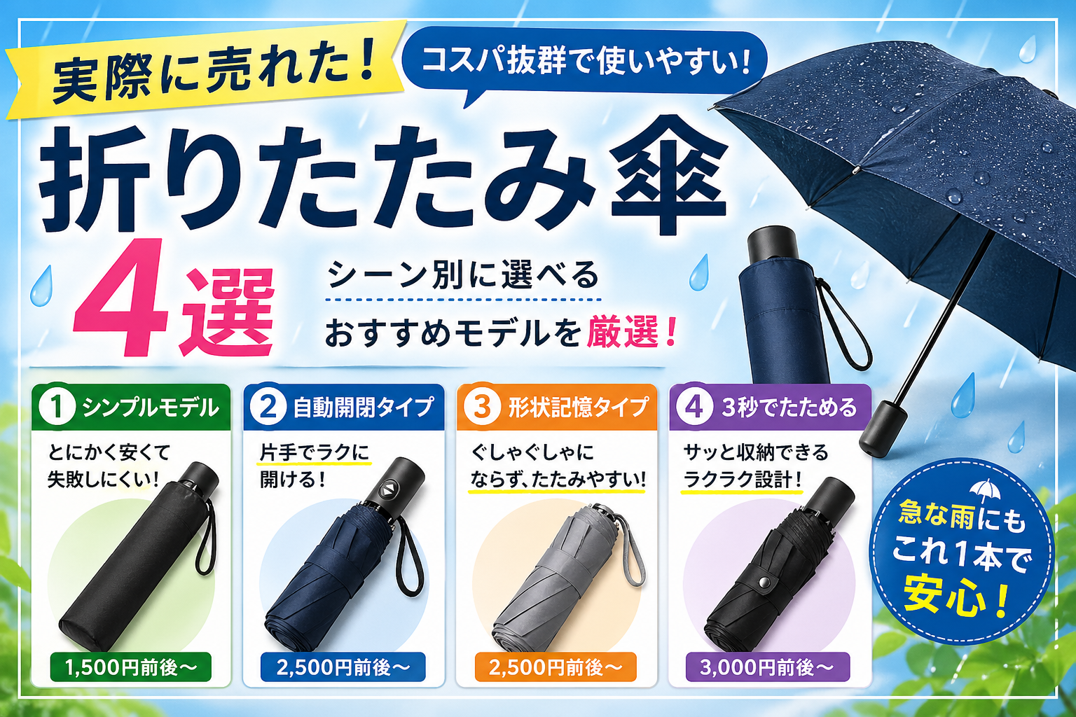 実際に売れた折りたたみ傘4選｜1,500円〜コスパ最強モデルだけ厳選