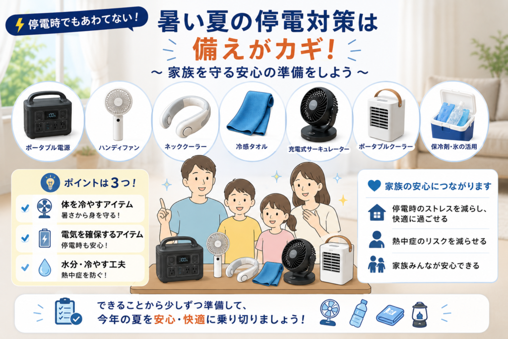 【2026】停電時でも使える暑さ対策グッズ7選|夏の停電に備える家庭向けアイテム