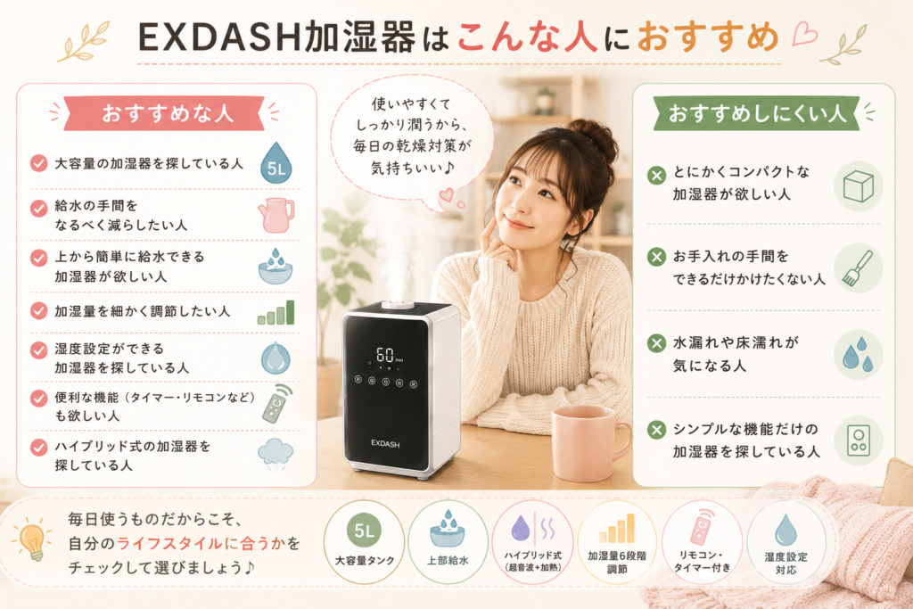 【2026年最新】EXDASH加湿器の口コミは？水漏れ・使い方や特徴を徹底調査