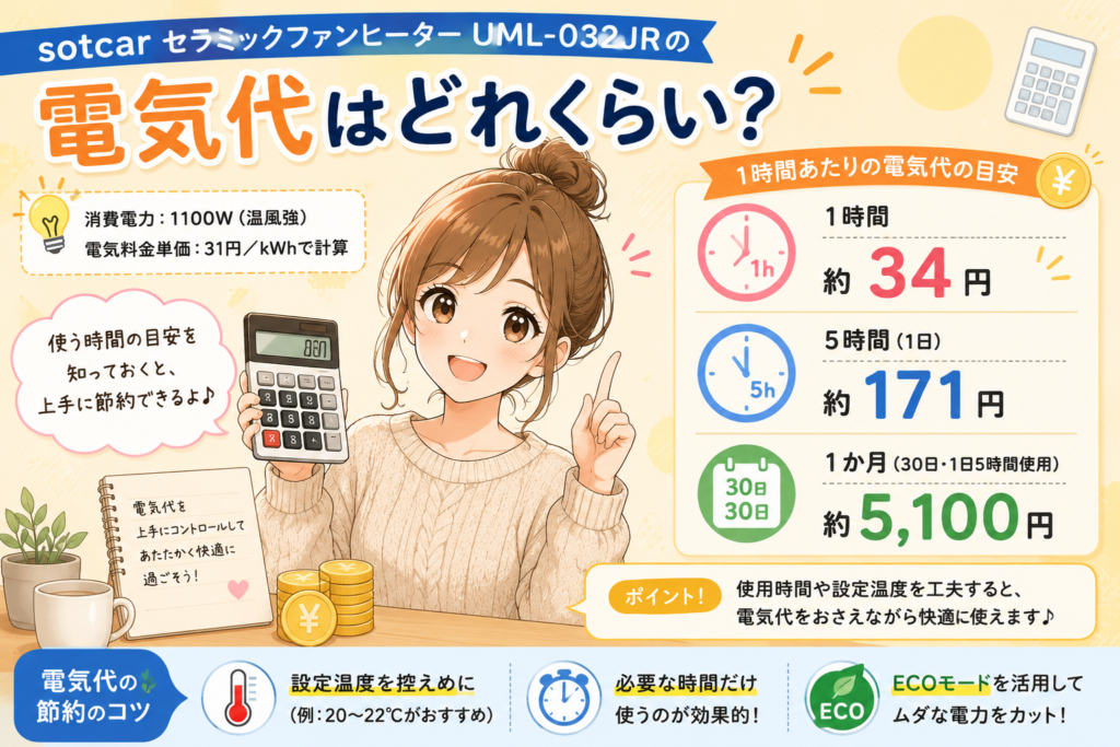 【2026年最新】sotcar セラミックファンヒーター UML-032JRの口コミ・評判|暖かい?電気代や特徴を徹底レビュー