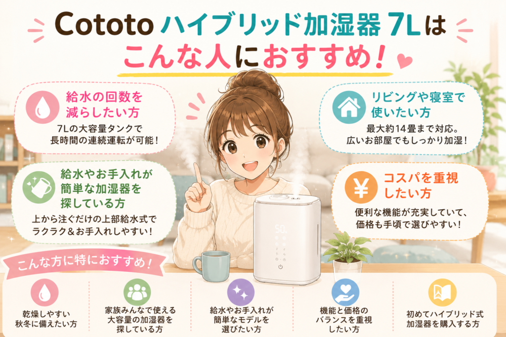 【2026】Cototo ハイブリッド加湿器 7Lの口コミ・評判は?電気代やお手入れ方法も徹底レビュー