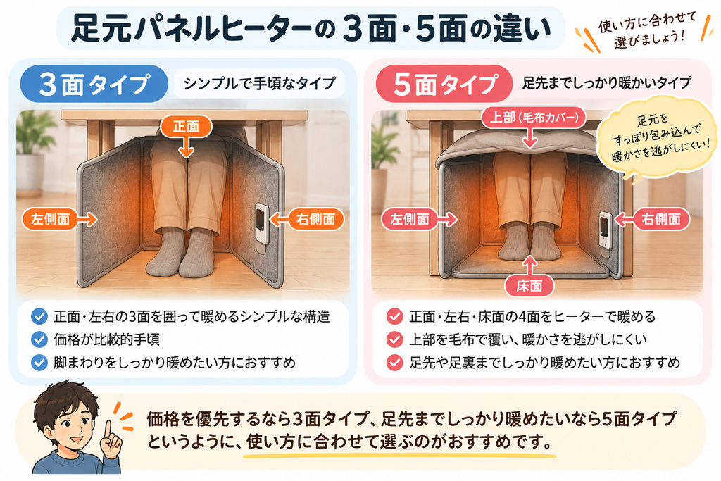 足元パネルヒーターのデメリットは？電気代や3面・5面の違いも解説