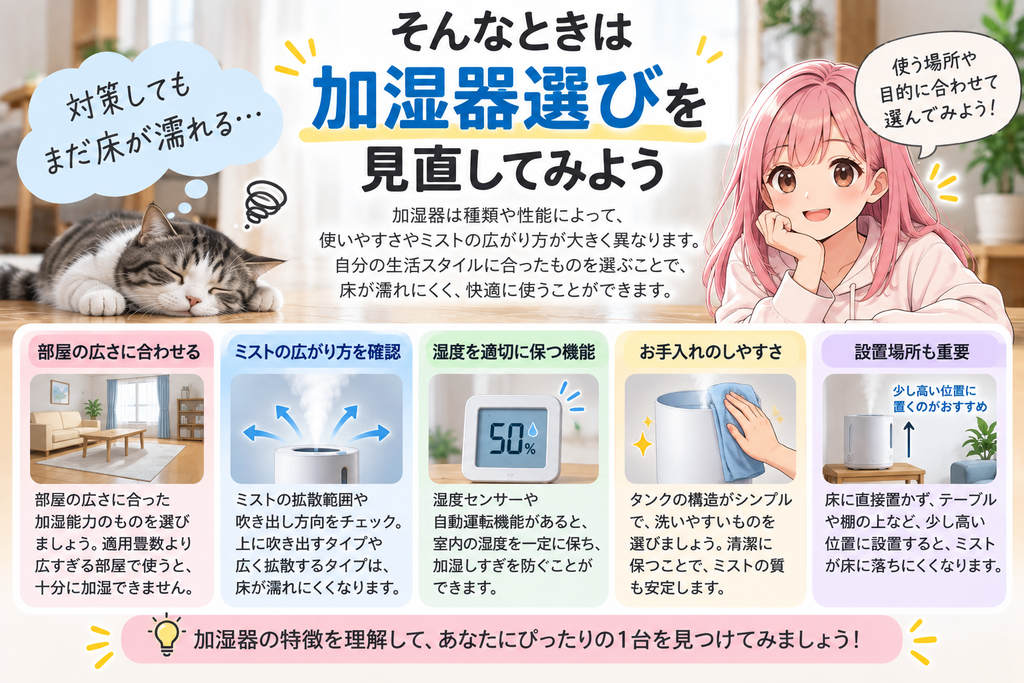 加湿器で床が濡れるのはなぜ？原因と床が濡れないための対策を紹介