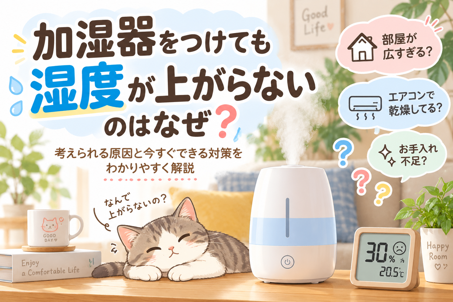加湿器をつけても湿度が上がらないのはなぜ？原因と今すぐできる対策を解説