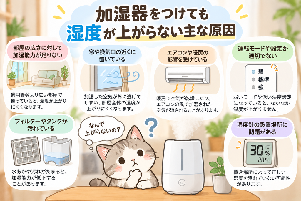 加湿器をつけても湿度が上がらないのはなぜ?原因と今すぐできる対策を解説