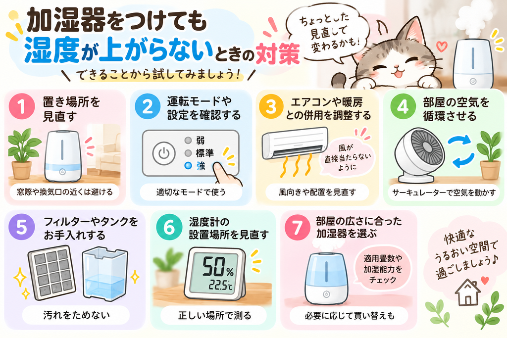加湿器をつけても湿度が上がらないのはなぜ?原因と今すぐできる対策を解説